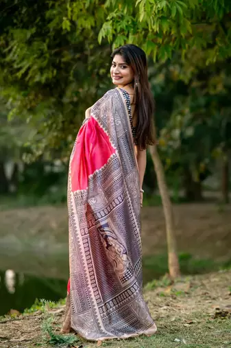 Ethnic Wear Pink tussar silk blend Zari Woven Traditional Saree