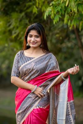Ethnic Wear Pink tussar silk blend Zari Woven Traditional Saree 3
