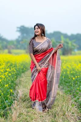 Ethnic Wear Red tussar silk blend Zari Woven Traditional Saree 1