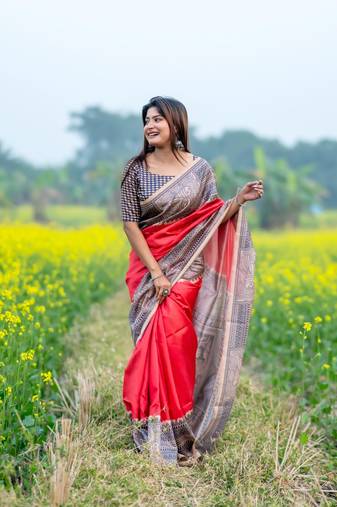 Ethnic Wear Red tussar silk blend Zari Woven Traditional Saree