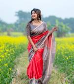 Ethnic Wear Red tussar silk blend Zari Woven Traditional Saree