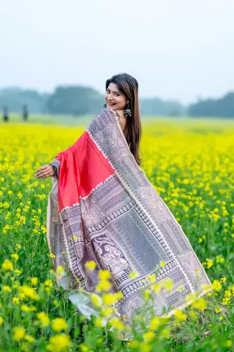 Ethnic Wear Red tussar silk blend Zari Woven Traditional Saree