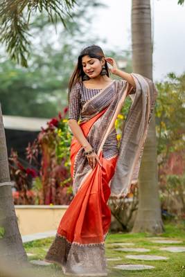Ethnic Wear Orange tussar silk blend Zari Woven Traditional Saree 1