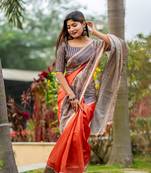 Ethnic Wear Orange tussar silk blend Zari Woven Traditional Saree