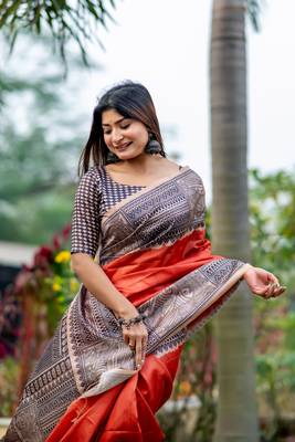 Ethnic Wear Orange tussar silk blend Zari Woven Traditional Saree 2