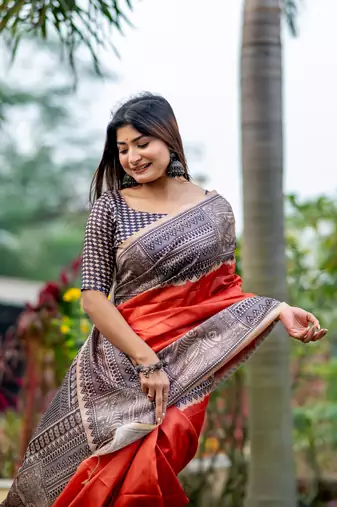 Ethnic Wear Orange tussar silk blend Zari Woven Traditional Saree
