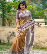 Ethnic Wear Beige tussar silk blend Zari Woven Traditional Saree