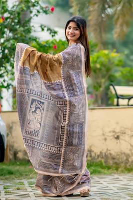Ethnic Wear Beige tussar silk blend Zari Woven Traditional Saree 2