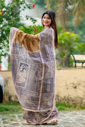 Ethnic Wear Beige tussar silk blend Zari Woven Traditional Saree