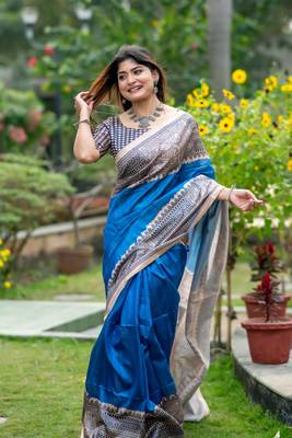 Ethnic Wear Blue tussar silk blend Zari Woven Traditional Saree 1
