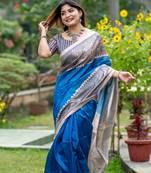 Ethnic Wear Blue tussar silk blend Zari Woven Traditional Saree