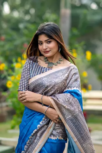 Ethnic Wear Blue tussar silk blend Zari Woven Traditional Saree