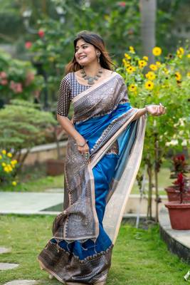 Ethnic Wear Blue tussar silk blend Zari Woven Traditional Saree 3