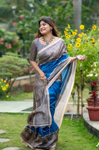Ethnic Wear Blue tussar silk blend Zari Woven Traditional Saree