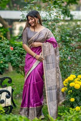 Ethnic Wear Purple tussar silk blend Zari Woven Traditional Saree 1
