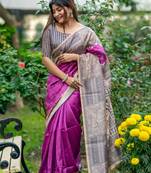 Ethnic Wear Purple tussar silk blend Zari Woven Traditional Saree