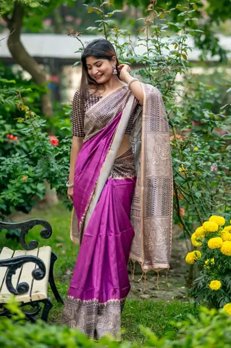 Ethnic Wear Purple tussar silk blend Zari Woven Traditional Saree