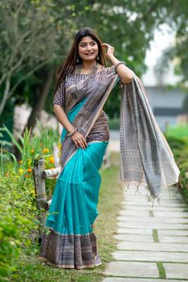Ethnic Wear Sea Green tussar silk blend Zari Woven Traditional Saree 1