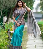 Ethnic Wear Sea Green tussar silk blend Zari Woven Traditional Saree