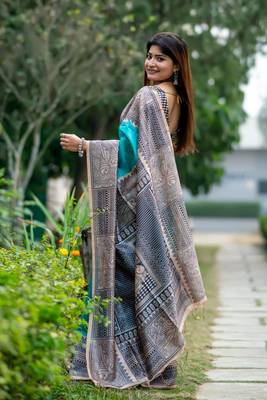 Ethnic Wear Sea Green tussar silk blend Zari Woven Traditional Saree 2