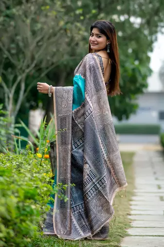 Ethnic Wear Sea Green tussar silk blend Zari Woven Traditional Saree