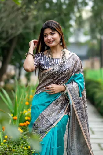 Ethnic Wear Sea Green tussar silk blend Zari Woven Traditional Saree