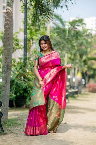 Pink Ethnic tussar silk blend Zari Woven Designer Saree