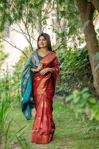 Red Ethnic tussar silk blend Zari Woven Designer Saree