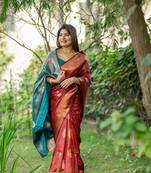Red Ethnic tussar silk blend Zari Woven Saree
