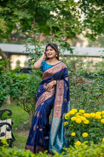 Nevy Blue Ethnic tussar silk blend Zari Woven Designer Saree
