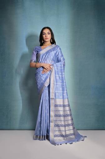 Blue tussar silk blend Weaving Ikkat Designer Traditional Saree