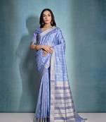 Blue tussar silk blend Weaving Ikkat Designer Traditional Saree