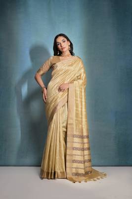 Cream tussar silk blend Weaving Ikkat Designer Traditional Saree 1