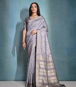 Grey tussar silk blend Weaving Ikkat Designer Traditional Saree