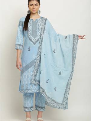 Layka fashion women blue color flower printed pure cotton kurta with trousers & dupatta 1