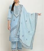 Layka fashion women blue color flower printed pure cotton kurta with trousers & dupatta