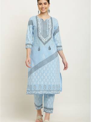 Layka fashion women blue color flower printed pure cotton kurta with trousers & dupatta 2