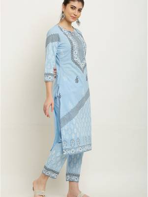 Layka fashion women blue color flower printed pure cotton kurta with trousers & dupatta 3