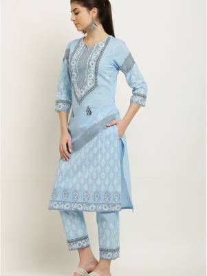 Layka fashion women blue color flower printed pure cotton kurta with trousers & dupatta 4