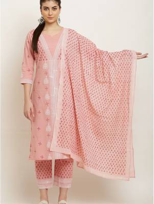 Layka fashion women pink block printed pure cotton kurta with trousers & dupatta 1