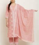 Layka fashion women pink block printed pure cotton kurta with trousers & dupatta