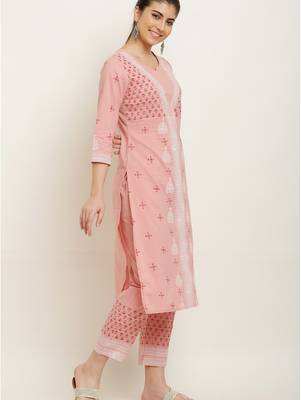 Layka fashion women pink block printed pure cotton kurta with trousers & dupatta 2
