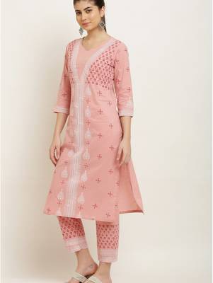 Layka fashion women pink block printed pure cotton kurta with trousers & dupatta 3