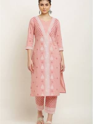 Layka fashion women pink block printed pure cotton kurta with trousers & dupatta 4
