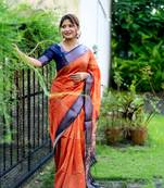 Orange Woven And Printed Ethnic Silk Blend Saree