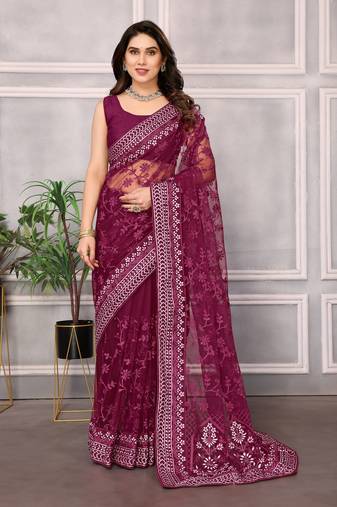 Wine ly Resham Embroidered Soft Net Partywear Girlish Saree