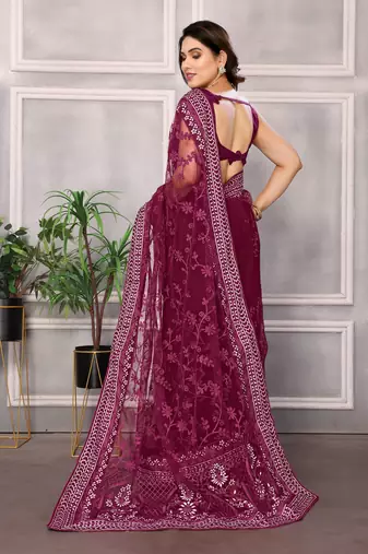 Wine ly Resham Embroidered Soft Net Partywear Girlish Saree