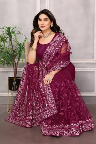 Wine ly Resham Embroidered Soft Net Partywear Girlish Saree