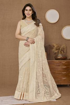 Beige ly Resham Embroidered Soft Net Partywear Girlish Saree 1