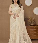 Beige ly Resham Embroidered Soft Net Partywear Girlish Saree